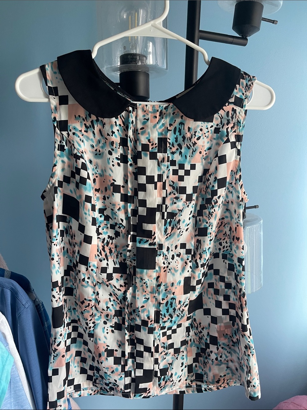 Printed Sleeveless Camisole with Black Peter Pan Collar - Black/Peach/Teal